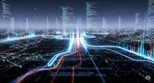 A high-contrast, futuristic digital landscape representing a headless CMS architecture. Vibrant blue and red data streams flow across a dark network of interconnected nodes and glowing lines of code, illustrating high-performance API calls and data transfer from a developer's perspective.