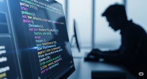 Stylized image of vibrant code on a computer screen with a blurred silhouette of a developer, illustrating the creative process of UI engineering and coding.
