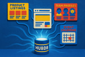 Stylized illustration showing a central glowing HubDB database core with lines connecting to content modules like product listings, team profiles, and event calendars.