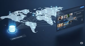 A digital map of the world with glowing data points representing locations, connected by lines to a database icon on the left and a Content Management System (CMS) interface on the right showing dynamic content, illustrating HubSpot HubDB location functionality.