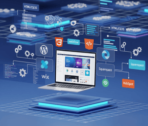 A futuristic 3D workspace showing a modern, responsive website on a floating laptop, surrounded by digital panels with WordPress, HTML, Webflow, Wix, Squarespace, and HubSpot logos, symbolizing comprehensive CMS migration and theme development.