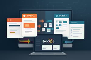 Two distinct branded digital dashboards (one red, one blue) merging into a unified HubSpot interface on a large screen, with data flowing, representing multi-brand portal consolidation and digital transformation.