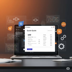HubSpot logo with sales and marketing icons representing quote development and CRM automation.
