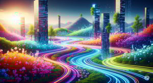 Vibrant digital landscape showing interconnected glowing data streams and futuristic towers representing HubSpot workflow automation, custom code, and data flow for business growth.